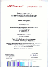 Świadectwo ukończenia szkolenia AGC System - Aparaty Gaśnicze AGC Master Slave